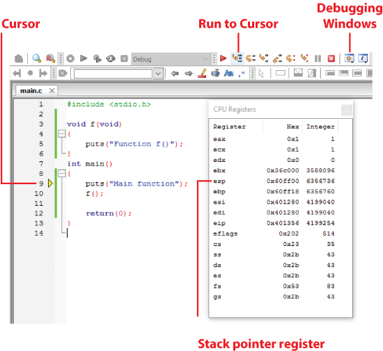 Figure 1. Checking the esp (stack pointer) register in the Code::Blocks debugger.